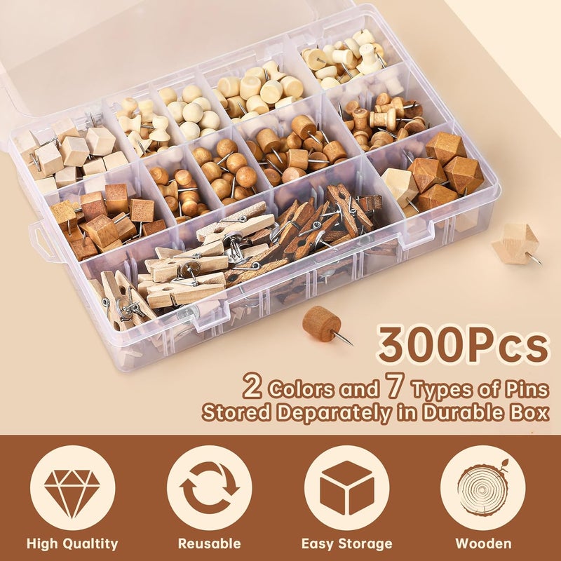 GOOLADA 300Pcs Wooden Push Pins,2 Colors and 7 Types Decorative Thumb Tacks, Cute Thumb Tacks, Wood Pushpins for Cork Board, Wooden Thumbtacks for Bulletin Board, Cubicle Wall, Cork Board Accessories - Image 3